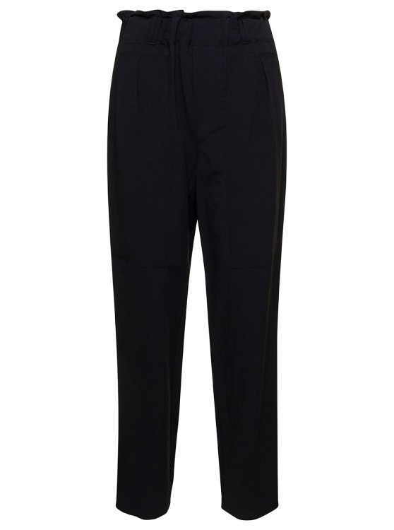 Shop Plain Black Cargo Pants With Gathered Waist In Linen Blend