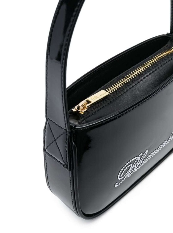 Shop Blumarine Black Patent Finish Mini Bag With Rhinestone-embellished Logo In Calf Leather