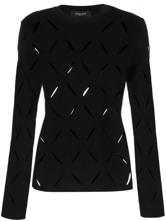 Versace Cutout Viscose Knit Crewneck Sweater In Black
