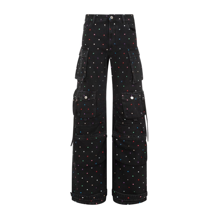 Attico Fern Embellished Low-rise Wide-leg Cargo Jeans In Black