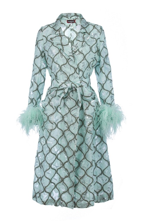 Shop Andreeva Mint Coat № 23 With Detachable Feathers Cuffs In Blue