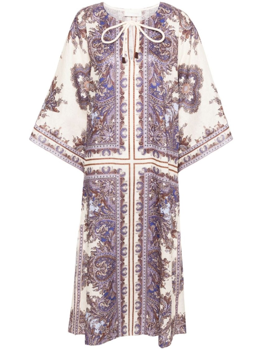 Shop Zimmermann Linen Dress With Intricate Print And Tie Neck Detail In Pink