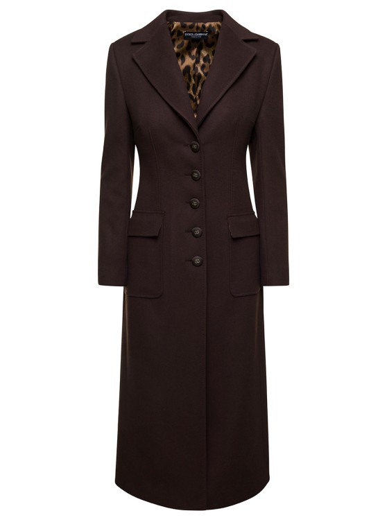 DOLCE & GABBANA BROWN SLIM SINGLE-BREASTED COAT WITH BRANDED BUTTONS IN WOOL AND CASHMERE