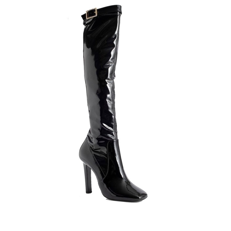 Shop Saint Laurent Leather Boots With Gold-tone Buckle Detail In Black