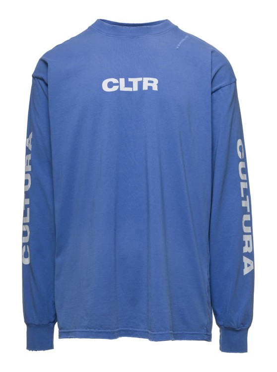 Shop Cultura Blue Crewneck Sweatshirt With Contrasting Cltr Print In Jersey
