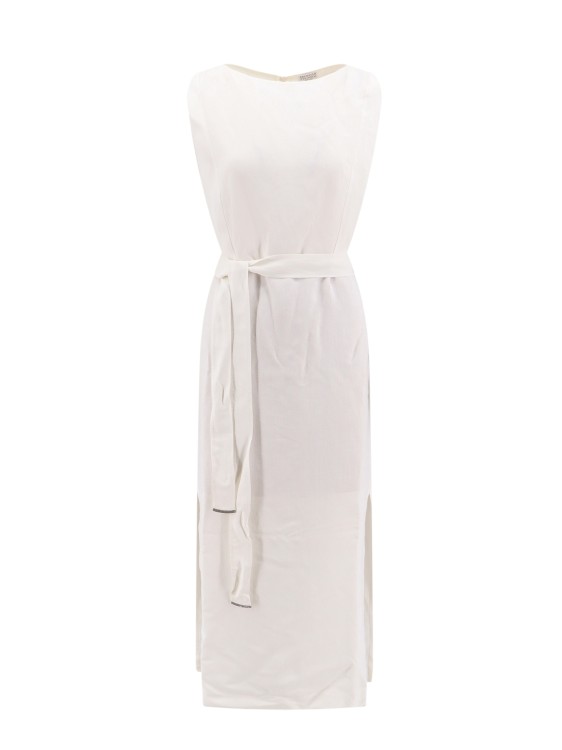 Shop Brunello Cucinelli Viscose And Linen Dress With Jewel Application In White