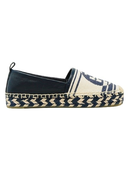 Tory Burch Espadrille In Beige And Blue Fabric With Logo In Black