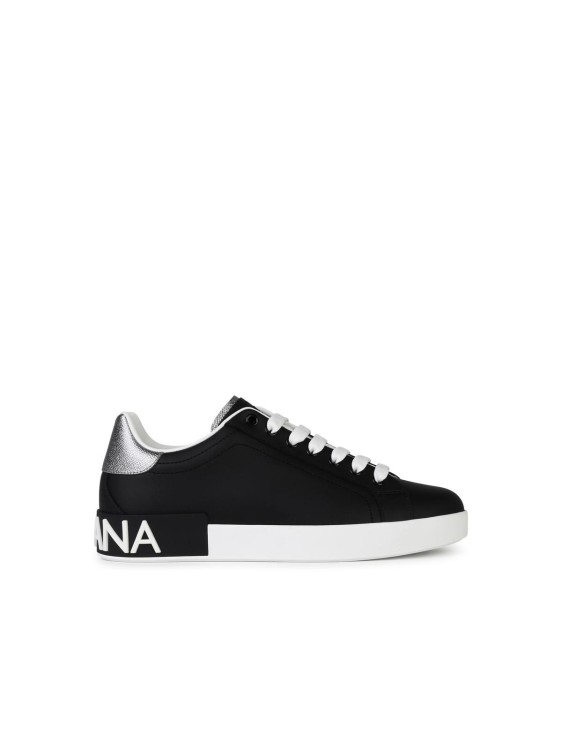 Dolce & Gabbana Portofino Sneakers In Black Leather With Silver Inserts In Black