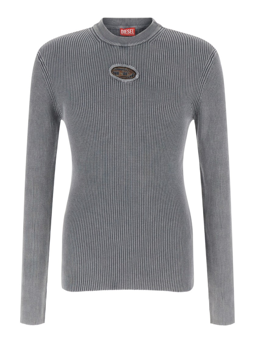 Shop Diesel Ribbed Long Sleeve Sweater With Logo Detail In Grey