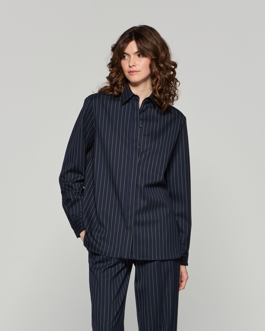Serena Bute Wool Pinstripe Boyfriend Shirt - Black/pink In Blue