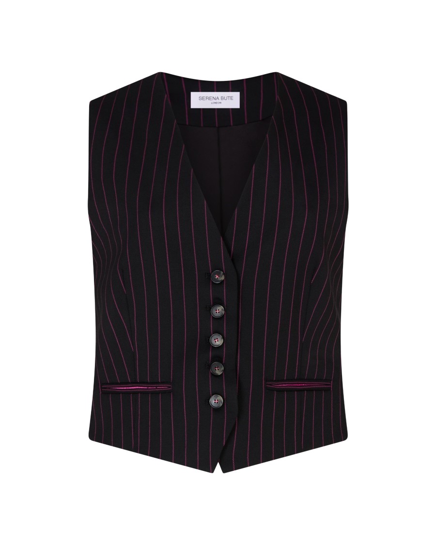 Serena Bute Wool Pinstripe Waistcoat - Black/pink In Black
