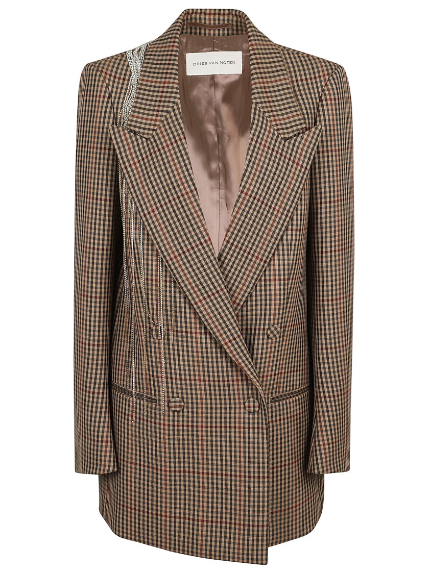 Dries Van Noten Double-breasted Crystal-embellished Checked Wool Blazer In Brown