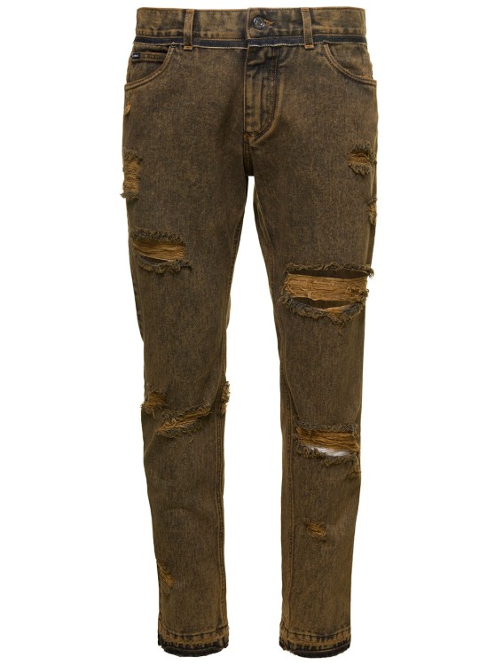 Shop Dolce & Gabbana Brown Straight Jeans With Rips In Cotton Denim