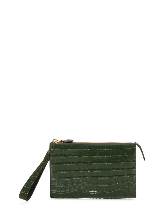Shop Tom Ford Green Crocodile-print Leather Clutch In Black