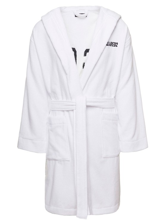 Shop Dsquared2 White Hooded Bathrobe With Embroidered Logo In Cotton