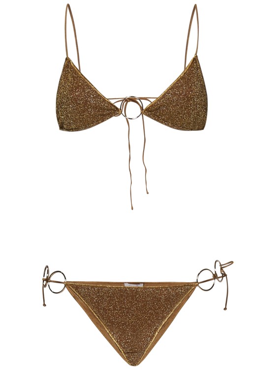 Shop Oseree Micro Bikini In Caramel-colored Lamé Fabric In Brown