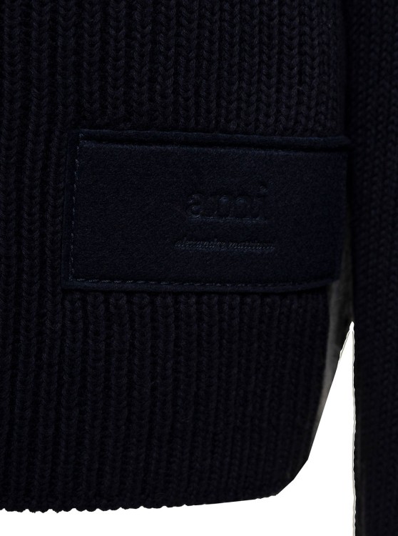 Shop Ami Alexandre Mattiussi Dark Blue Crewneck Ribbed Sweater With Tonal Logo Patch In Wool And Cotton