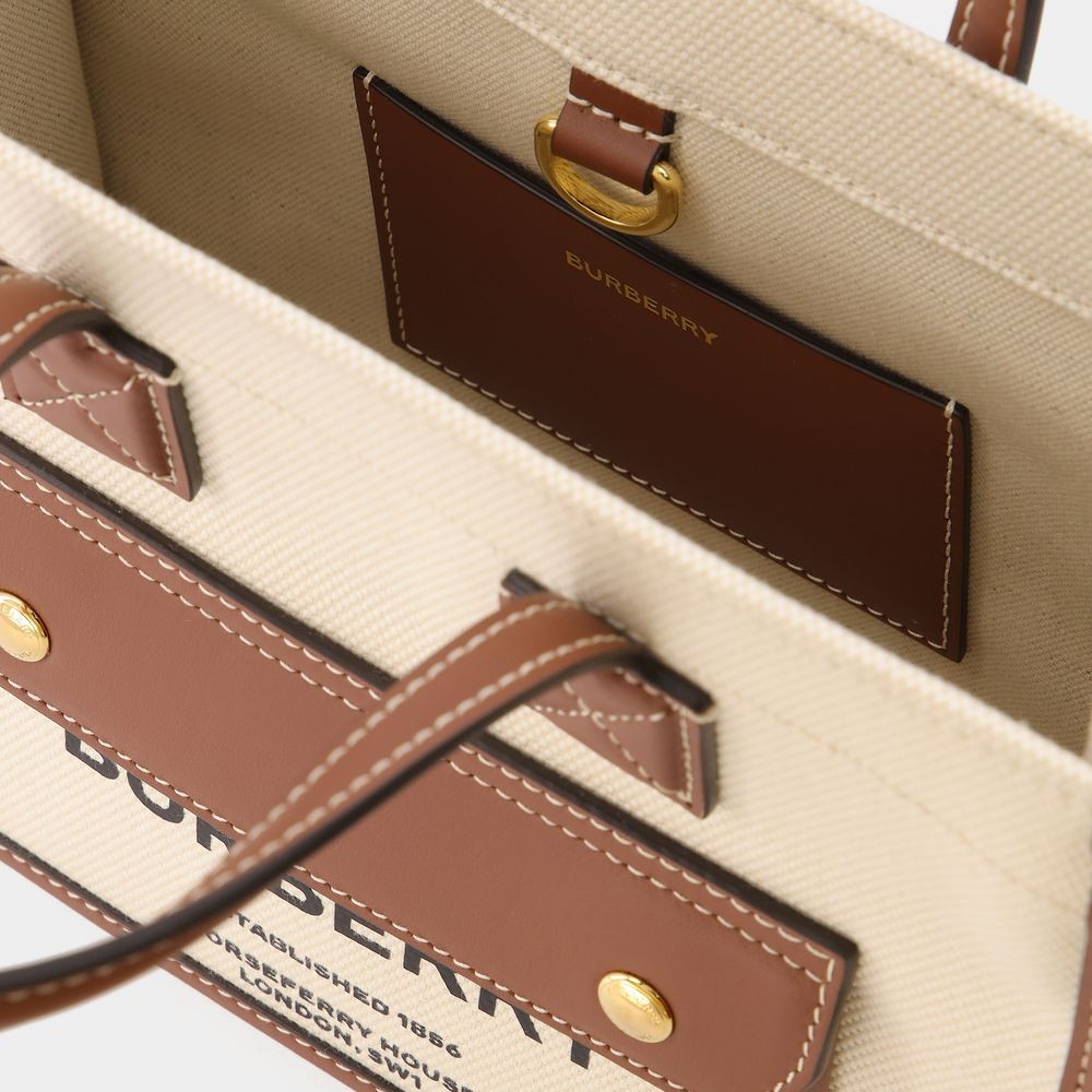 Burberry Mini Freya Tote Bag With Horseferry Print And Leather Accents In Neutrals