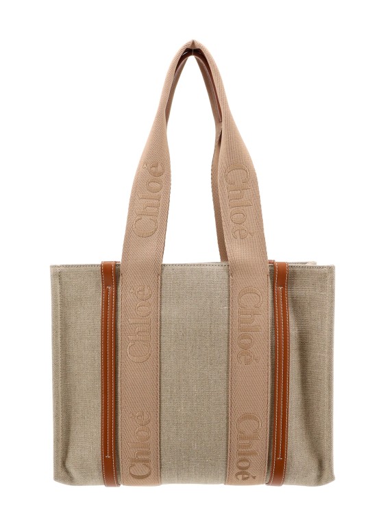 Shop Chloé Linen And Leather Shoulder Bag With Embroidered Logo In Neutrals