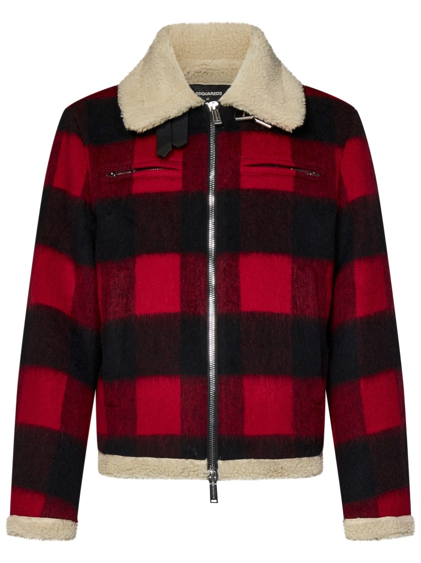 Shop Dsquared2 Aviator Jacket In Red And Black Checked Wool Blend In Multicolor