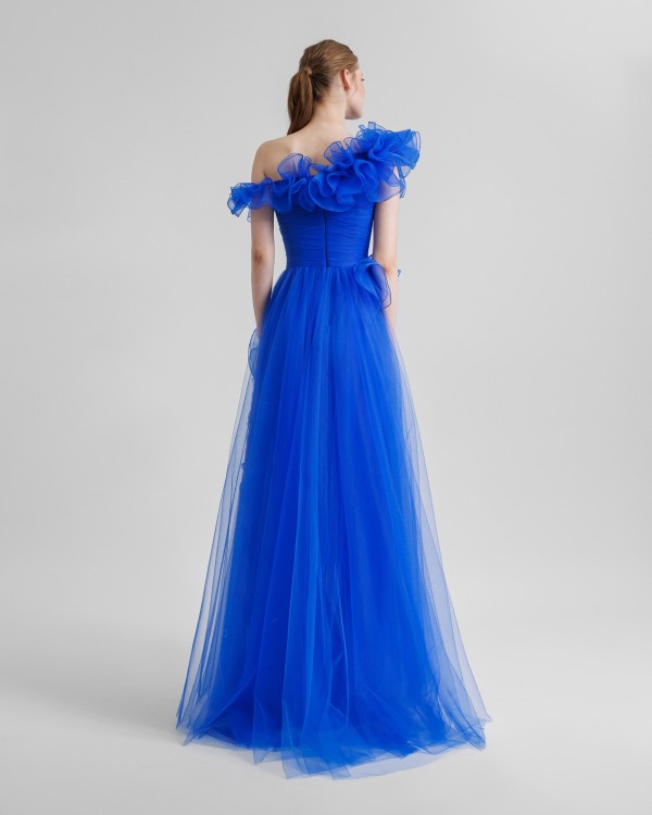 Shop Gemy Maalouf Ruffled Neckline Dress - Long Dresses In Blue