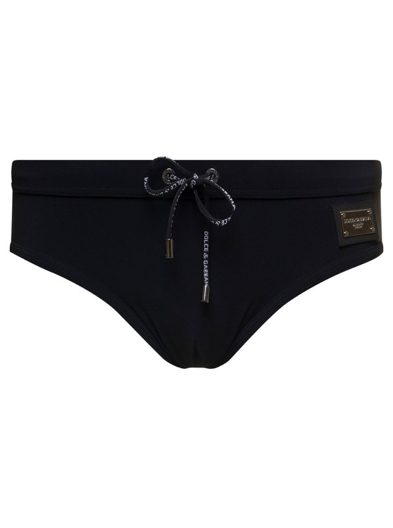 Shop Dolce & Gabbana Black Swim Briefs With Branded Drawstring And Logo Tag In Stretch Polyamide