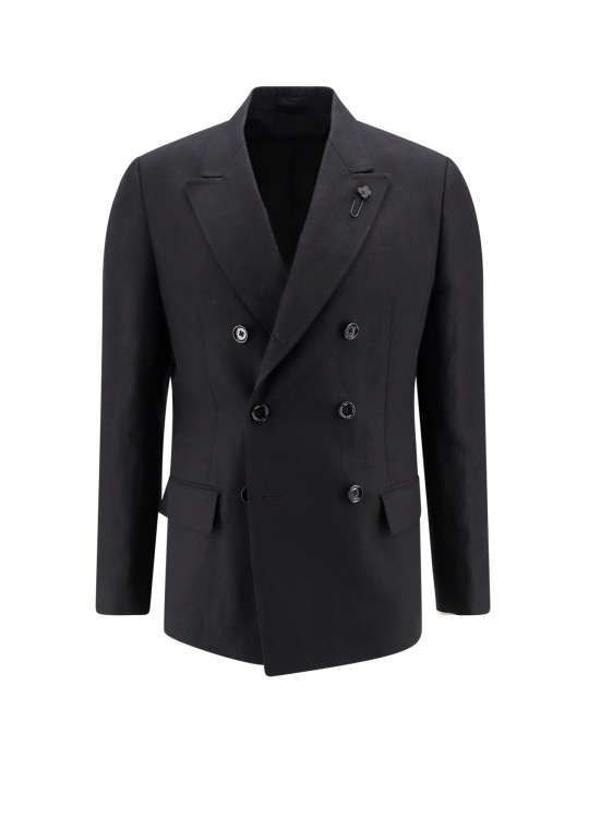Shop Lardini Double-breasted Linen Jacket In Black