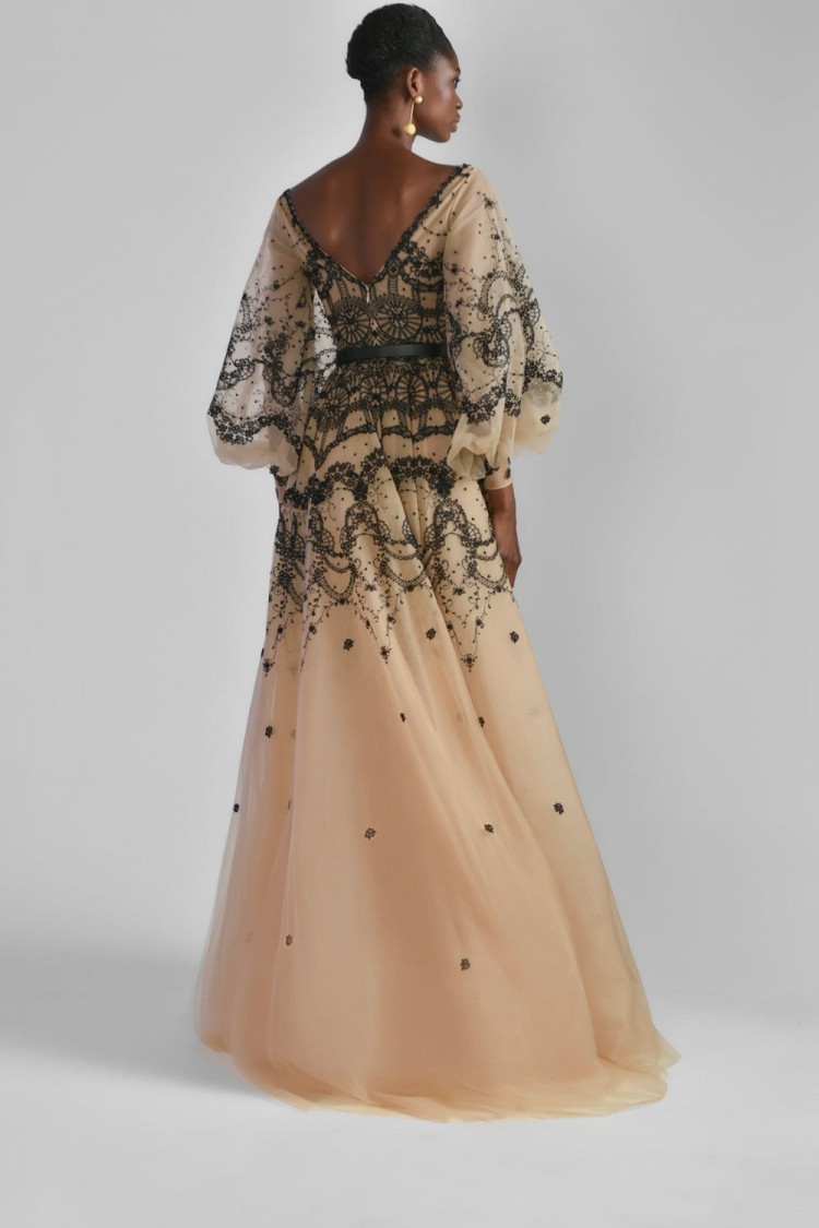 Saiid Kobeisy Tulle Embroidered Gown With Belt In Neutrals