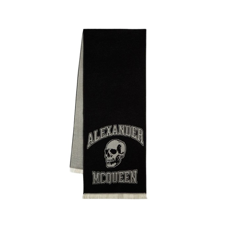 Shop Alexander Mcqueen Varsity Logo Skul Scarf - Wool - Black/ivory