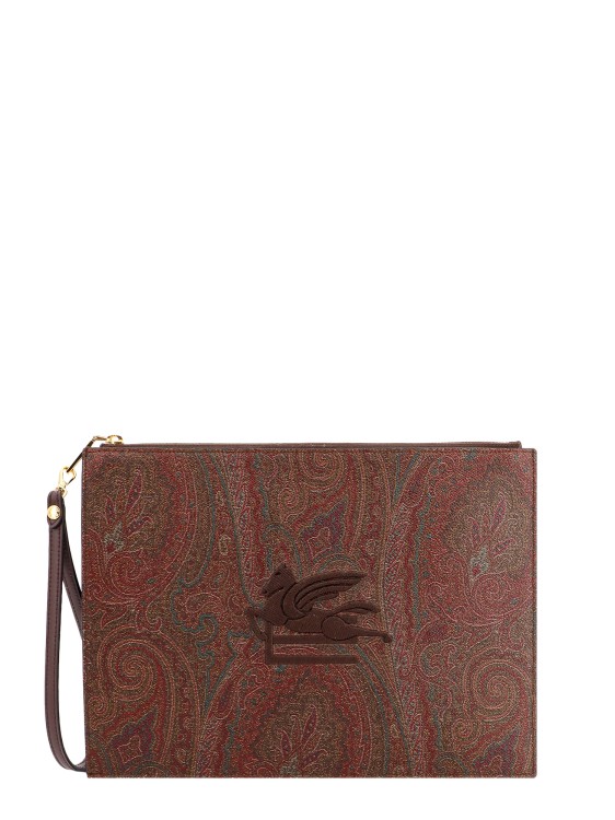 Shop Etro Coated Canvas Clutch With Paisley Motif And Iconic Pegasus In Brown