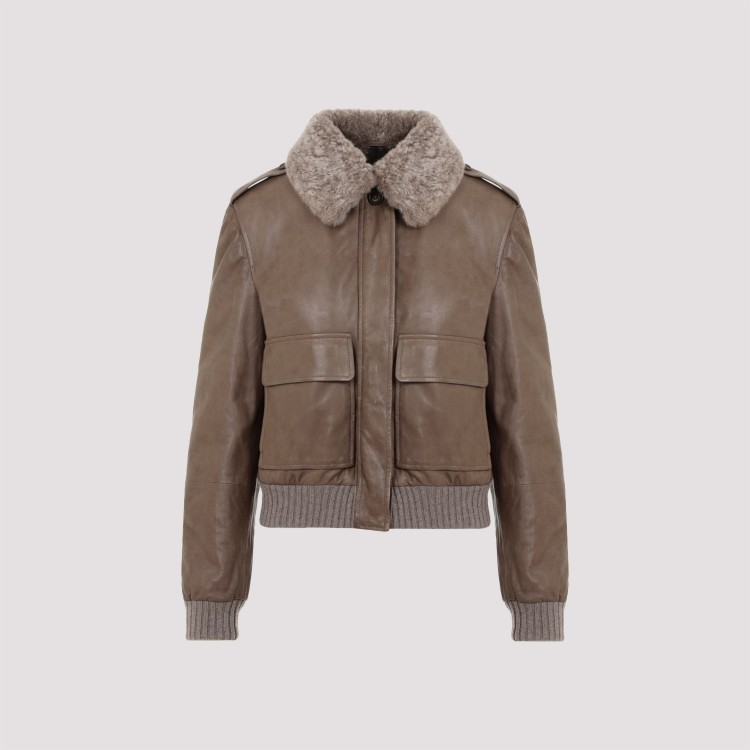 Brunello Cucinelli Leather Jacket With Shearling Collar And Ribbed Finish In Pink
