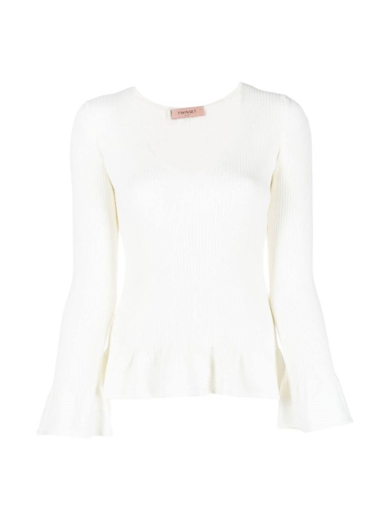 Twinset Long Sleeves Ribbed Sweater With Flounce In White