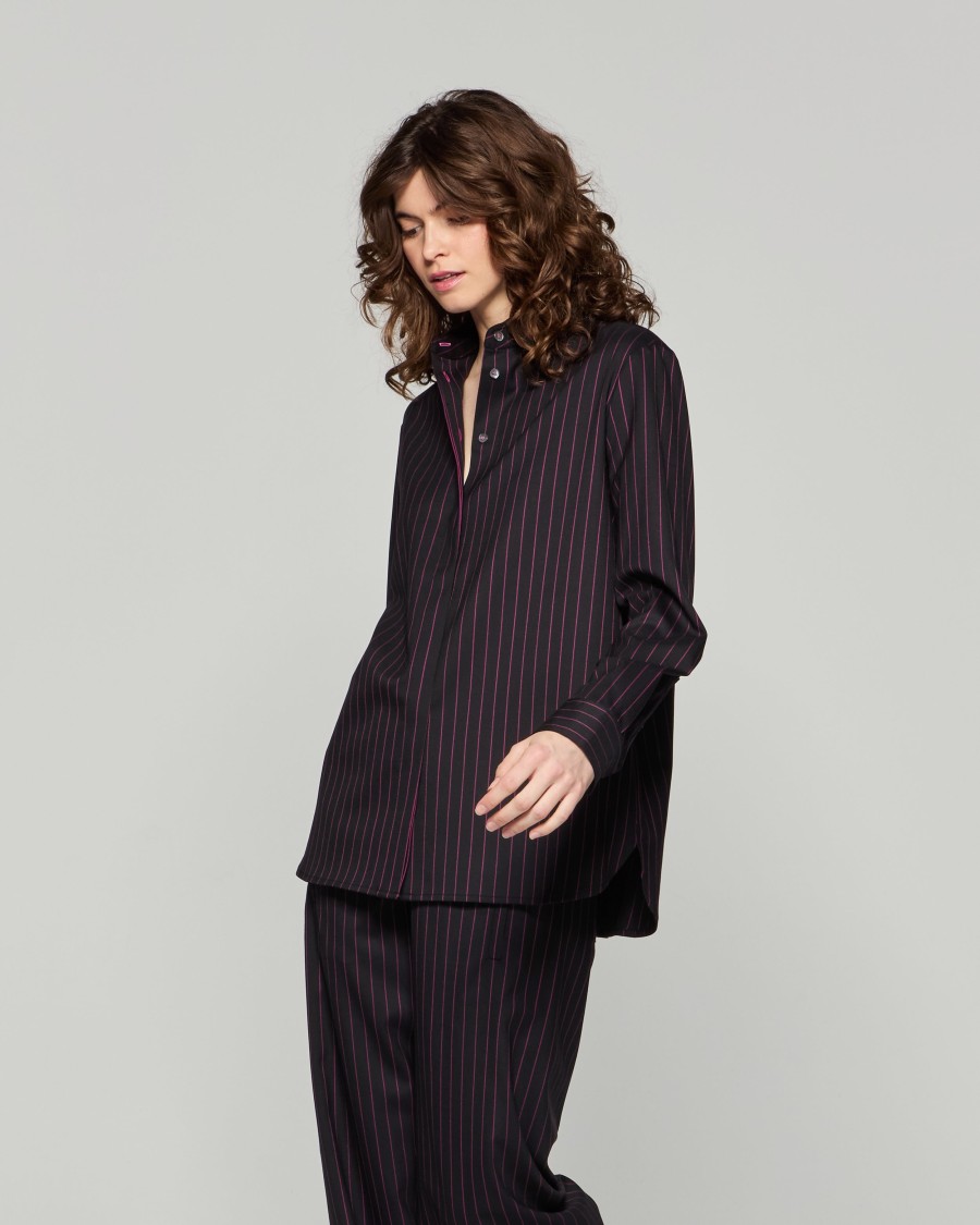 Serena Bute Wool Pinstripe Boyfriend Shirt - Black/pink In Black