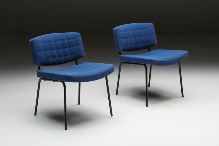 Shop Unknown Chairs In Blue Fabric & Metal Frame, 1980s In Not Applicable