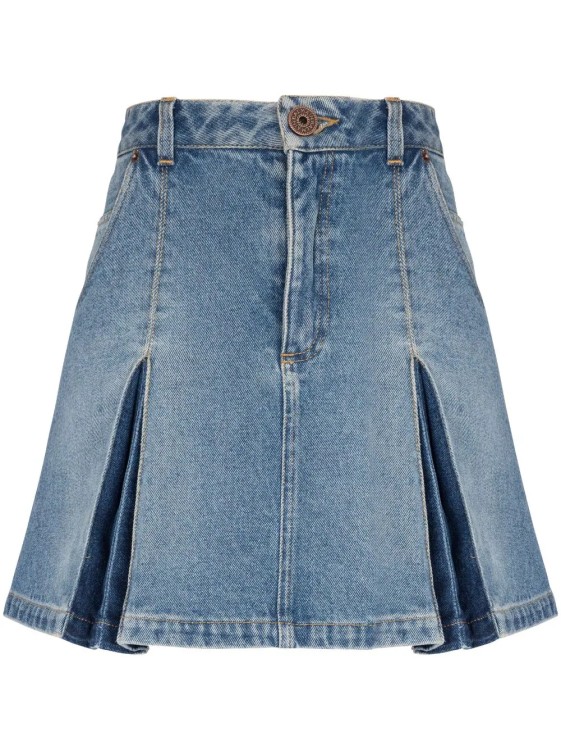 Shop Balmain Pleated Blue Denim Mini Skirt