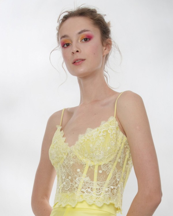 Shop Gemy Maalouf Yellow Lace Corset - Tops In Neutrals