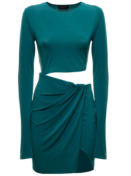 Andamane Teal Blue Minidress In Stretch Jersey With Asymmetrical Cut Out Details In Green