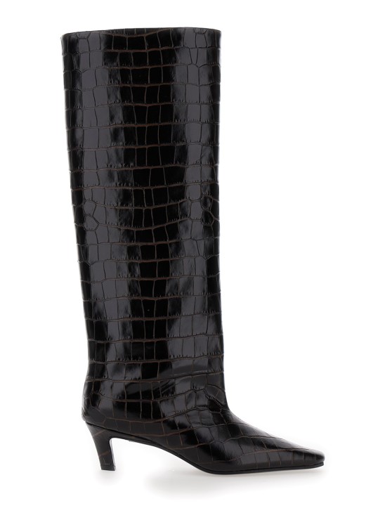 Shop Totême 'the Wide Shaft' Brown Pull-on Boots With Low Heel In Crocodile-embossed  Leather In Black