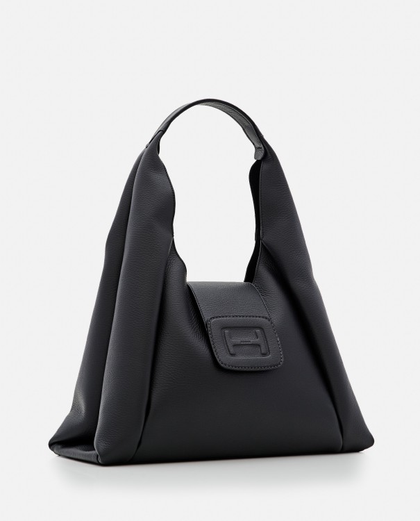 Shop Hogan Medium Embossed Leather Hobo Bag In Black