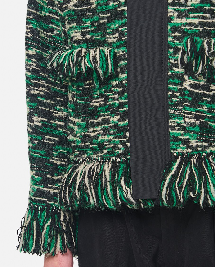 Sacai Mixed Media Fringe Wool Blend Tweed Jacket In Green
