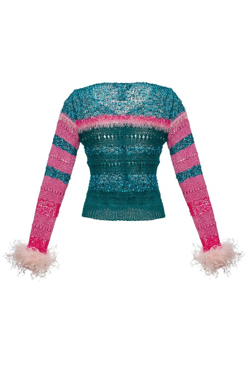 Shop Andreeva California Sundown Handmade Knit Sweater With Feathers In Multicolor
