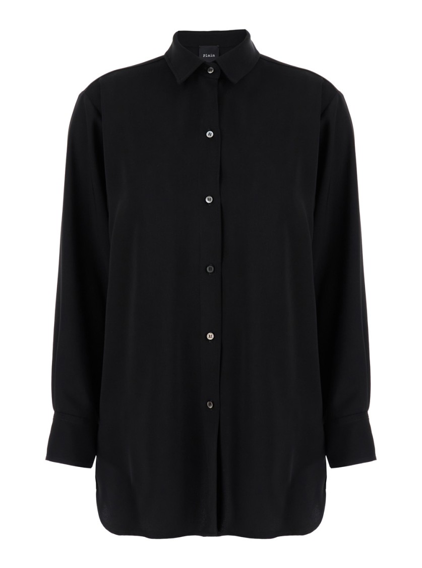 Shop Plain Black Maxi Shirt With Buttons In Techno Fabric