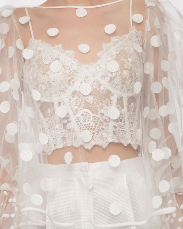 Shop Gemy Maalouf Lace Corset Paired With Dotted Tulle Top - Tops In White