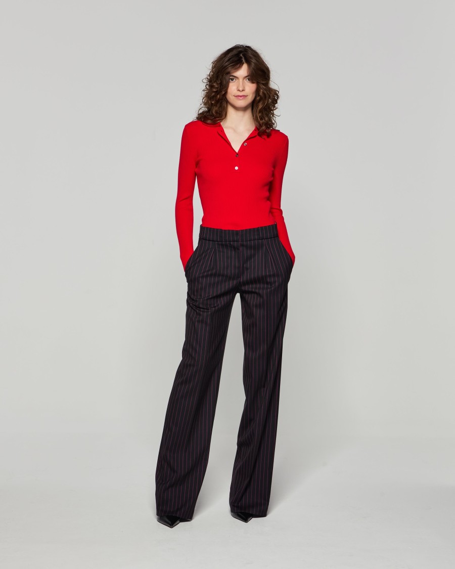 Serena Bute Wool Pinstripe Pleated Trouser - Black/pink In Black