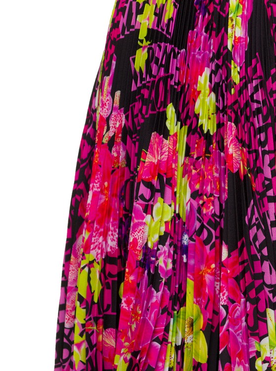 Shop Versace Multicolor Asymmetric Pleated Mini-skirt With Logo Orchid Print In Polyester In Pink