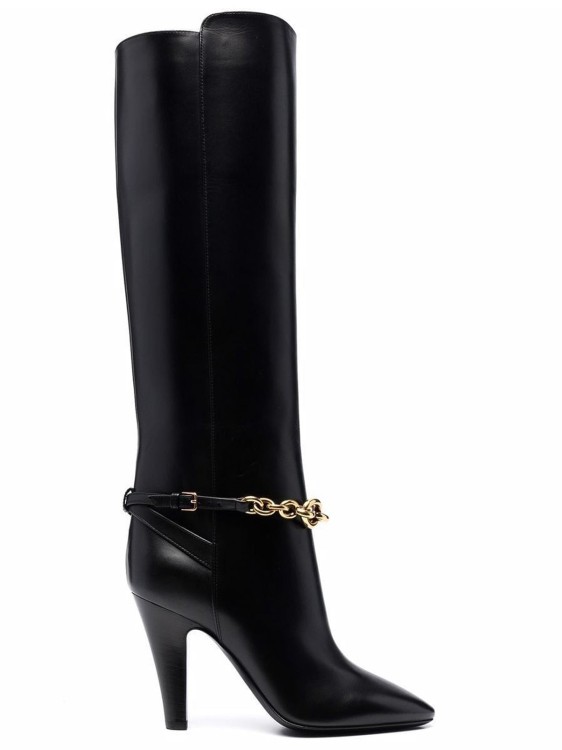 SAINT LAURENT LEATHER BOOTS WITH GOLD TONE CHAIN DETAIL,f646529c-170b-b2b7-896f-1c98a7960644