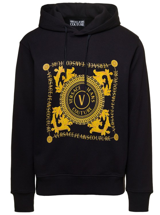 Hoodie With Baroque Logo Print In Black Cotton by Versace Jeans