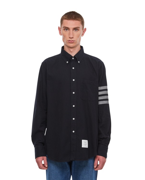 Shop Thom Browne Straight Fit Shirt W/ Tonal 4 Bar In Flannel In Black