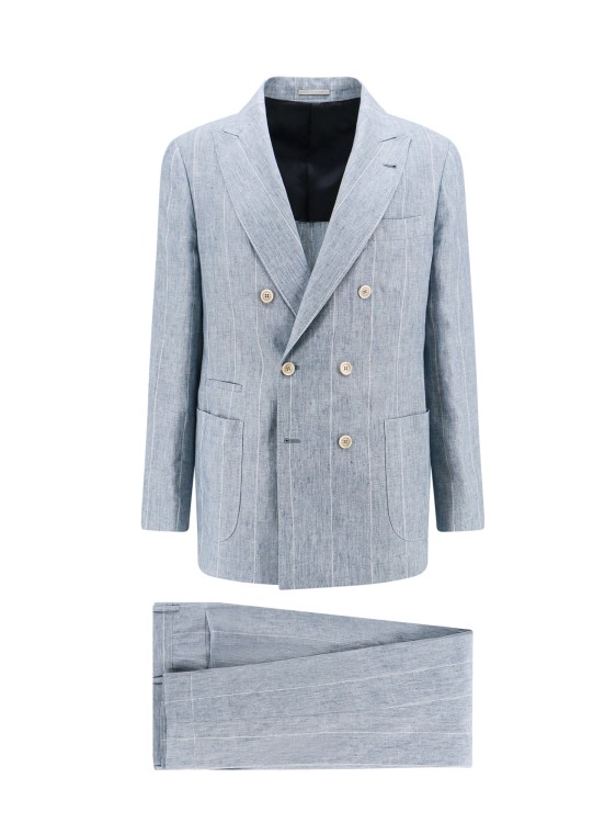Shop Brunello Cucinelli Linen Suit With Striped Motif In Blue