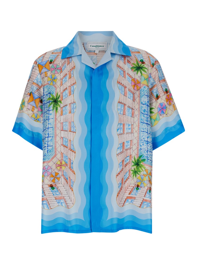 Shop Casablanca Light Blue Bowling Shirt With All-over Graphic Print In Silk